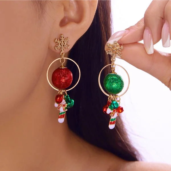 Trendy Christmas asymmetrical dangle earrings for women by HSF Marketplace, festive holiday jewelry design