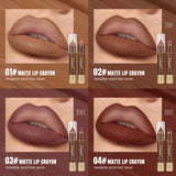 Six waterproof matte lipstick pencils in various shades, featuring contour tint and long-lasting finish for all skin types.