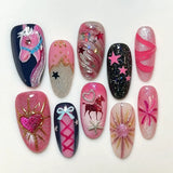 24pcs pink almond press-on false nails with bowknot, love heart, and pearl designs by HSF Marketplace