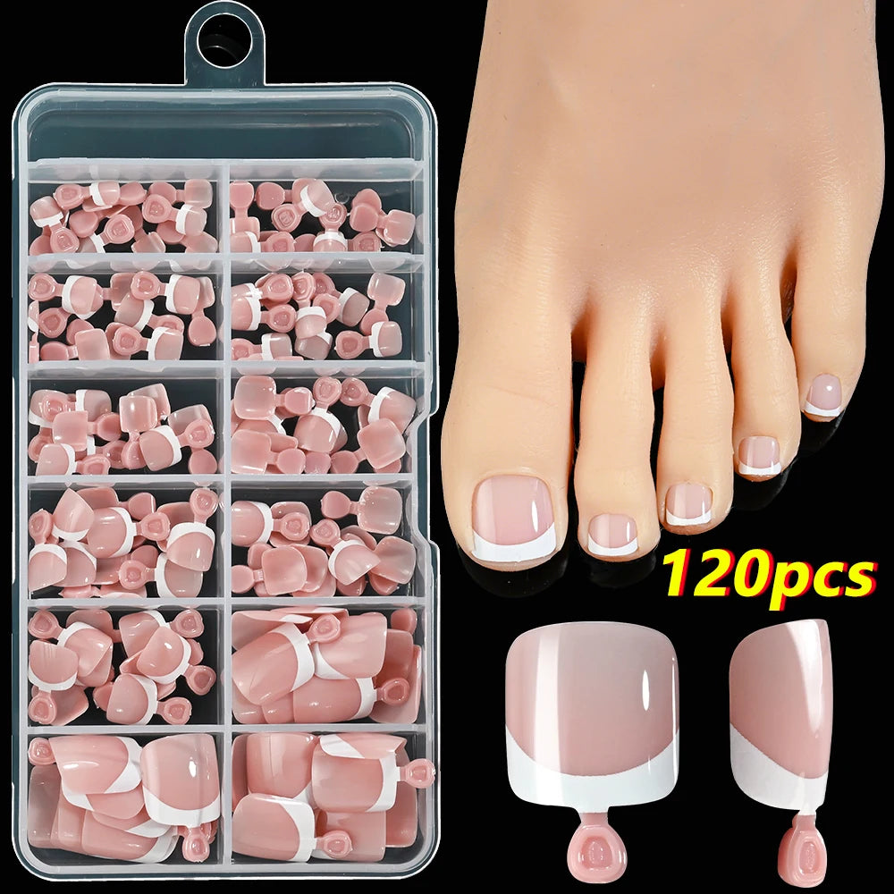HSF Marketplace pink square French tip press-on toenails, short glossy false toe nails set, 120 pieces