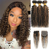 12A Highlight Ombre Curly Bundles Human Hair With Closure Ombre Blond Brown Vietnamese Kinky Curly Virgin Hair With 4x4 Closure