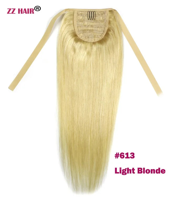 ZZHAIR Brazilian human Remy hair ribbon ponytail, 16–20 inch natural straight horsetail clip-in, 60g