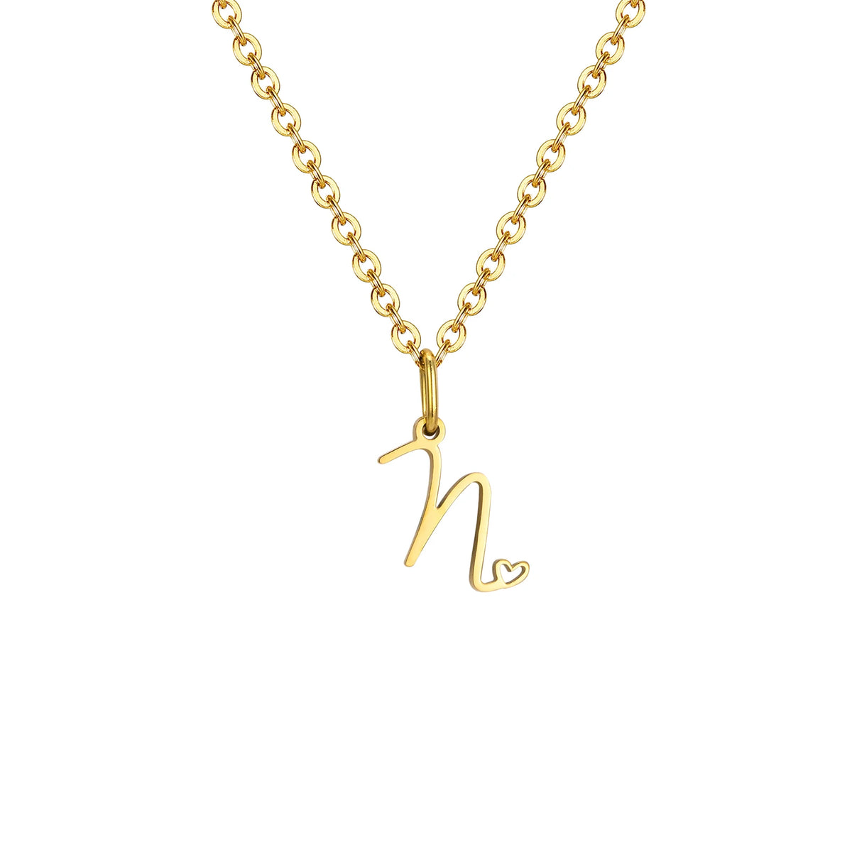 Gold plated dainty heart initial necklace for women with A-Z letter pendant, waterproof stainless steel monogram jewelry.