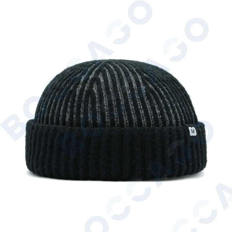 Women's thick striped knitting docker cap warm winter beanie hat with letter label, vintage retro style