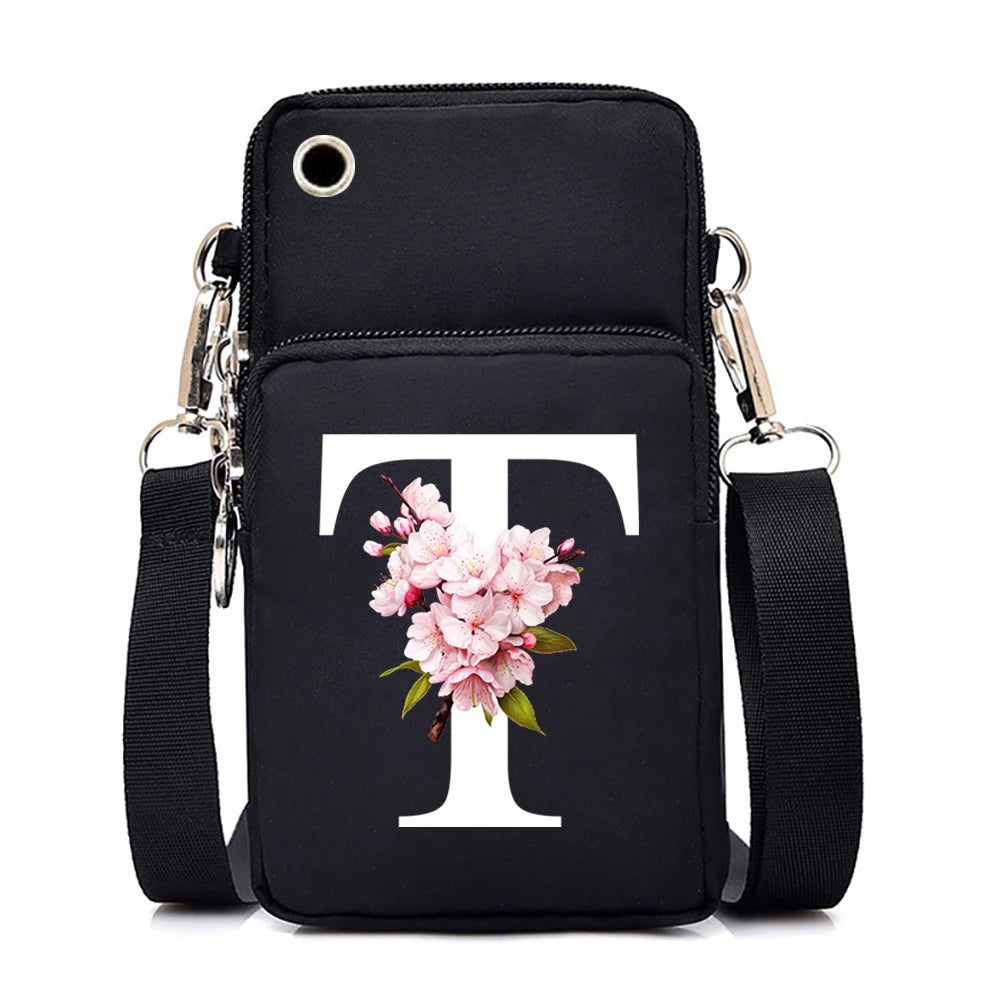 H Sakura alphabet floral print small crossbody handbag for women with phone pocket, stylish messenger purse by HSF Marketplace