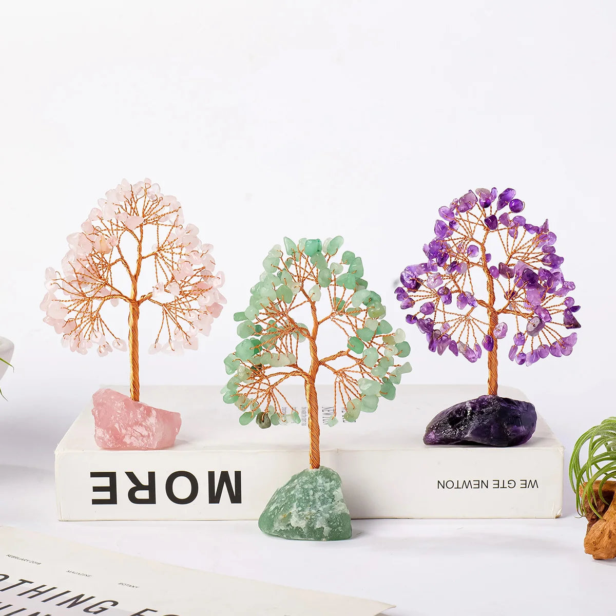 1PC Natural Gemstone Crystal Lucky Tree with Irregular Raw Stone Base for Home Office Desk Living Room Decor