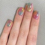 24-piece cute girly short square press-on false nails with white French tips, glitter stars, rhinestones, bows and cat eye design