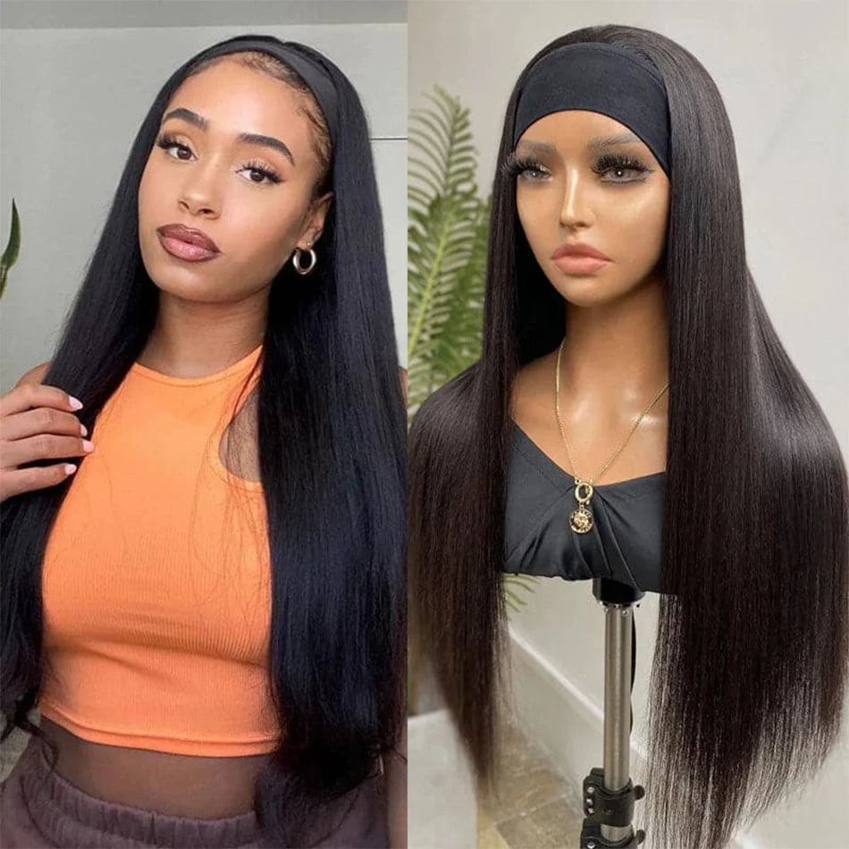 HSF Marketplace straight human hair headband wig for women, glueless lace-free design in natural black shade