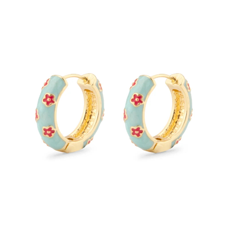 Flower cloisonné hoop earrings for women by HSF Marketplace, colorful bohemian floral jewelry design