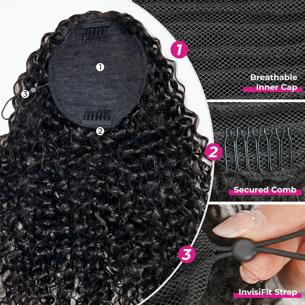 Deep wave drawstring ponytail made with 100% Remy human hair for Black women, showing defined curly texture