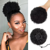Afro kinky curly human hair chignon ponytail drawstring high bun hairpiece in natural black curls