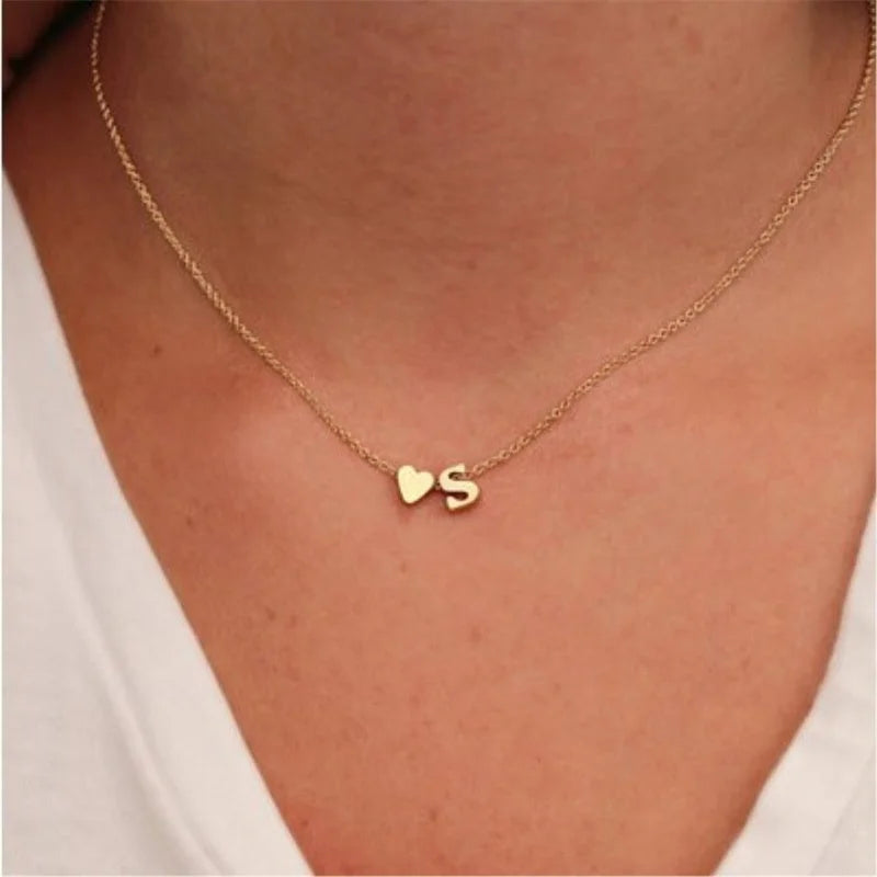 Dainty initial necklace with tiny heart charm, HSF Marketplace jewelry for women, letter pendant choker accessory.