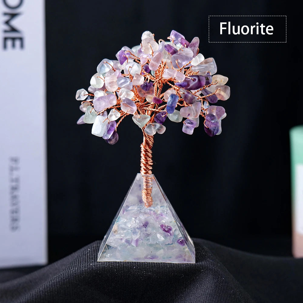 1pc Natural Crystal Tree Ornament Resin Pyramid Base Crystal Crushed Stone Fortune Tree Home Office Decoration Holiday Gift