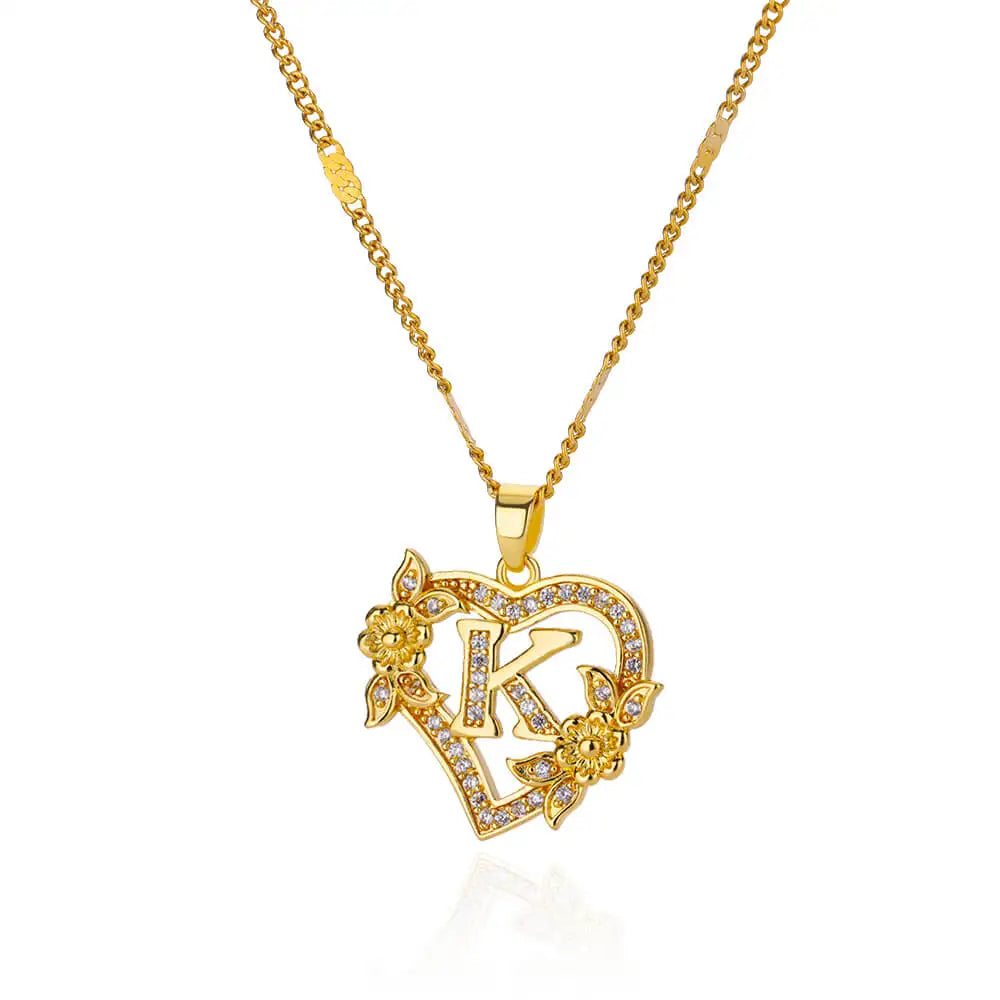 Gold heart initial letter necklace for women with stainless steel chain featuring A-Z alphabet pendant, birthday jewelry gift.