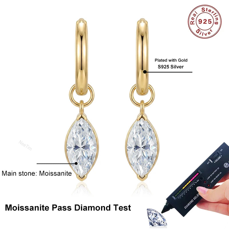 NeeTim D color marquise cut moissanite drop dangle earrings in 925 sterling silver hoop design