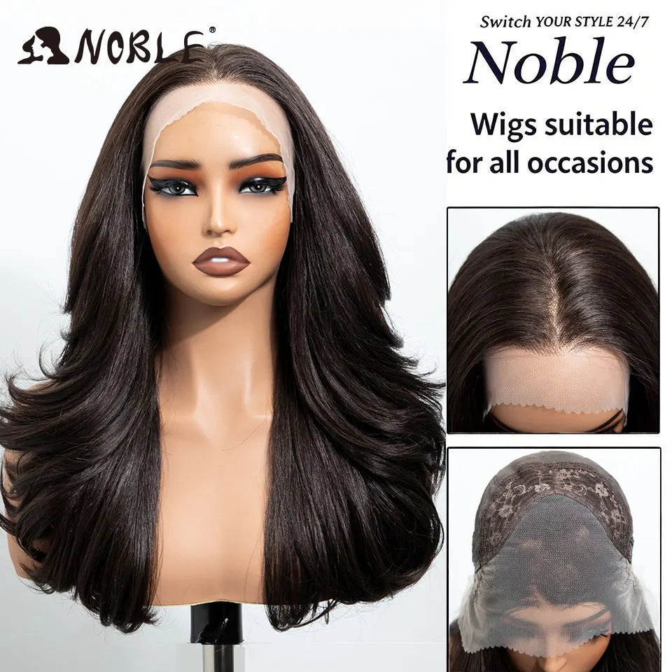 NOBLE 13x4 Synthetic Lace Front Wig 30 Inch Dark Brown Layered Fluffy Wavy Wig Pre Plucked Hairline Heat Resistant Wig For Wome