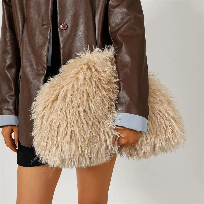 Women’s faux fur clutch bag with frame clasp, large capacity fuzzy purse for winter parties, by HSF Marketplace