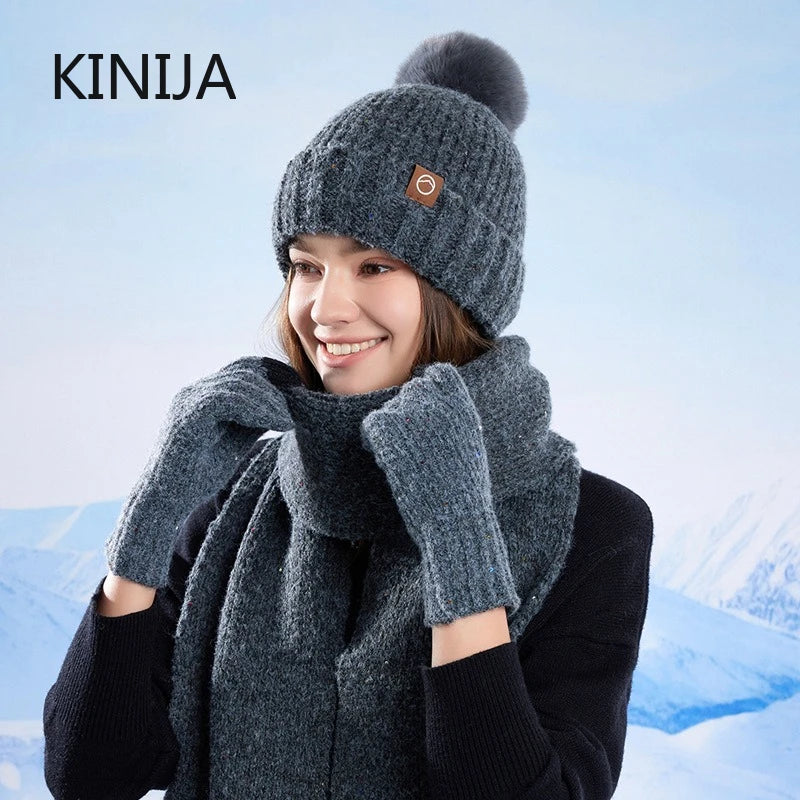 Women's wool knit neck scarf, gloves and cap set in winter colors, HSF Marketplace