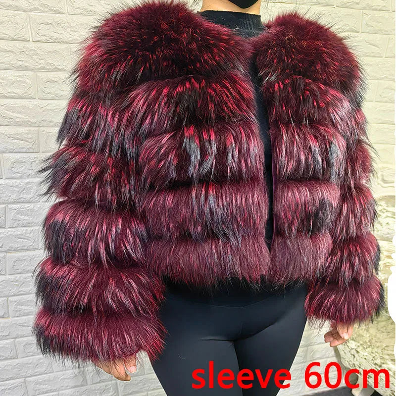 Women's luxury thick real raccoon fur coat in plus sizes, full-length design