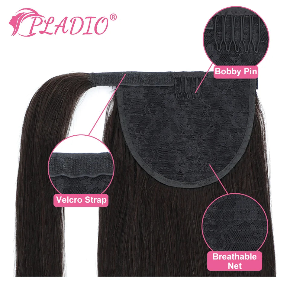 Straight Brazilian Remy human hair wrap-around ponytail extension with clip-in attachment, 12–28 inches
