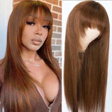 Reddish brown straight human hair wig with bangs, layered cut, easy to style, from HSF Marketplace.