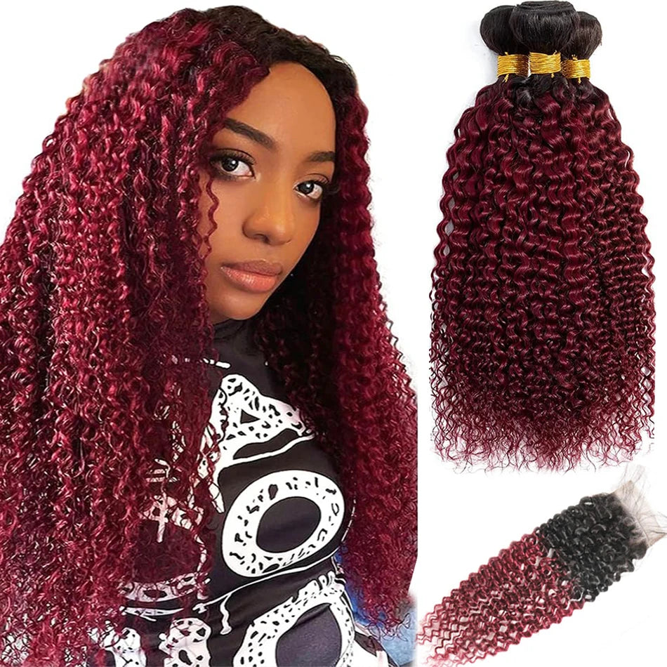 12A Highlight Ombre Curly Bundles Human Hair With Closure Ombre Blond Brown Vietnamese Kinky Curly Virgin Hair With 4x4 Closure