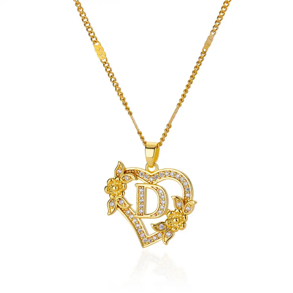 Gold heart initial letter necklace for women with stainless steel chain, featuring A-Z alphabet pendant, birthday jewelry gift