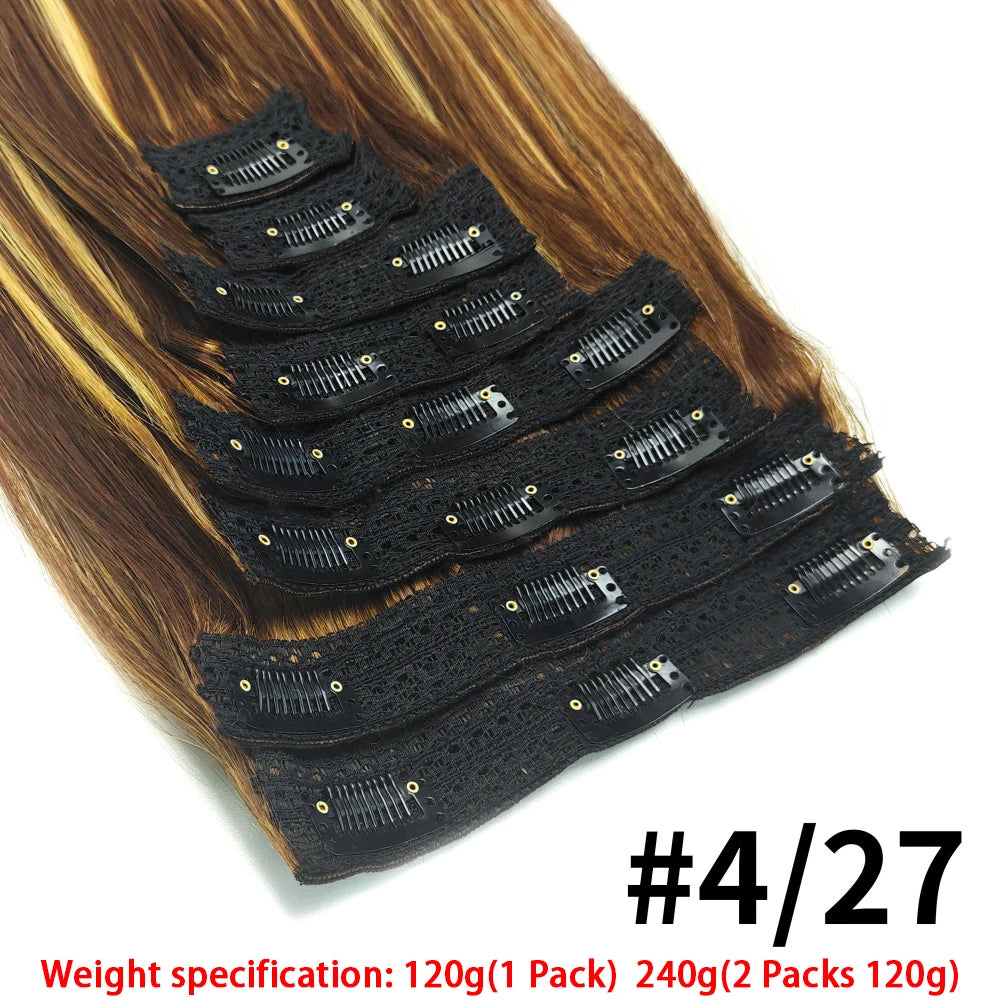 120g 8-piece straight clip-in Brazilian Remy human hair extensions in natural black, full-head set