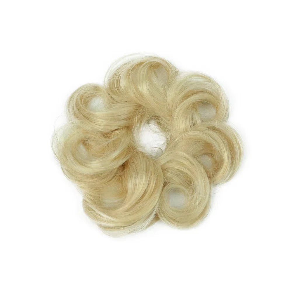 Wavy curly human hair messy bun ponytail with clip-in extensions and air bangs fringe for women