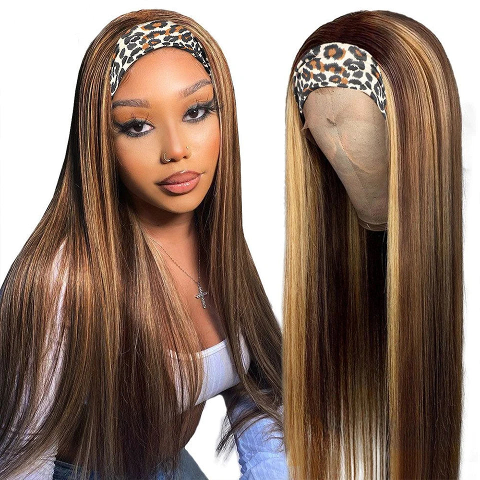 4/27 highlight body wave headband wig, 200% density Brazilian human hair wig for Black women
