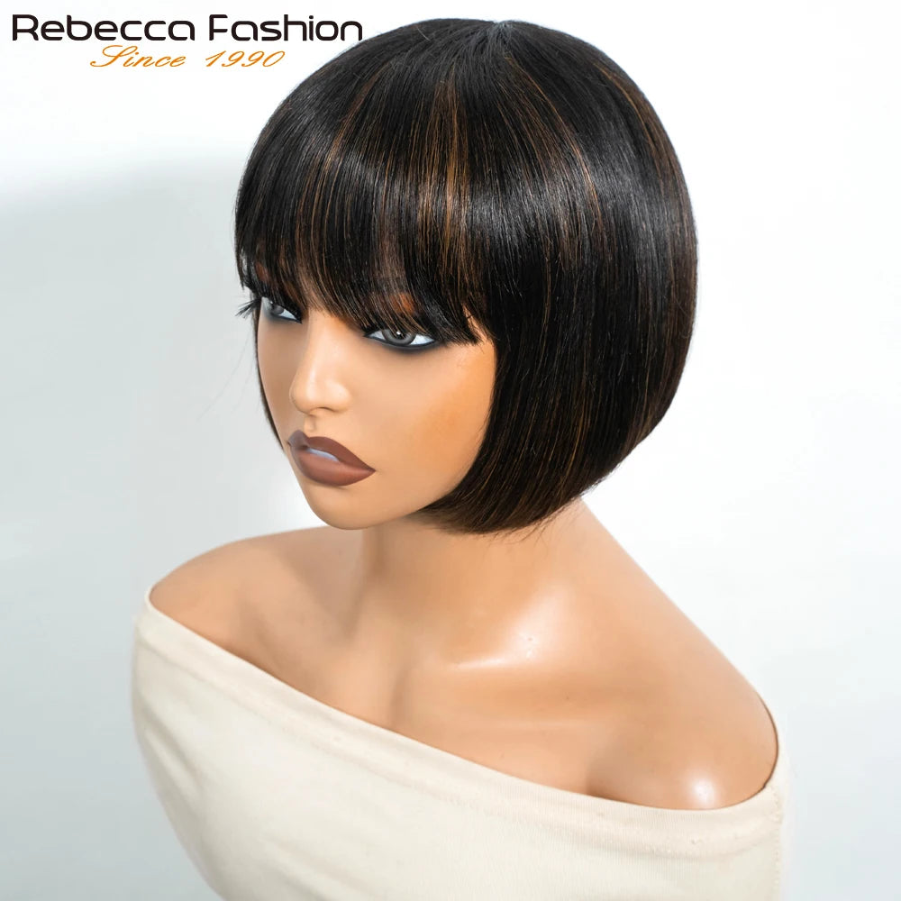 Rebecca short bob human hair wig with bangs, Brazilian straight mixed color 1B/30, glueless machine-made style