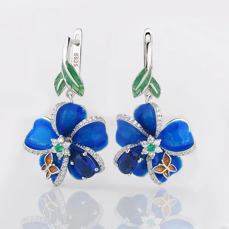 Blue enamel flower dangle earrings in 925 sterling silver, HSF Marketplace jewelry