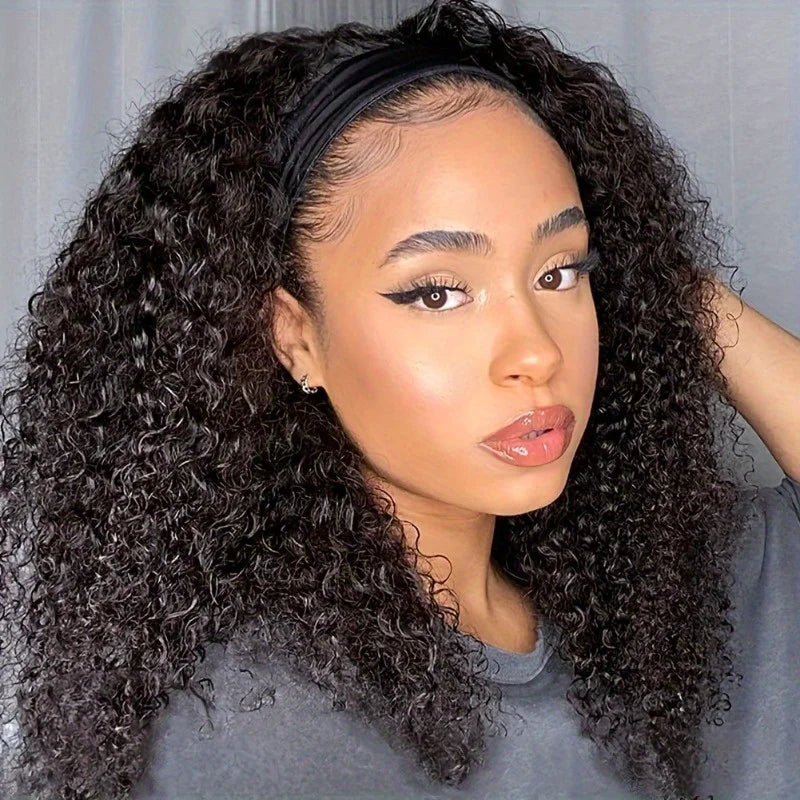 200% density human hair headband wig in natural black with deep curly style by HSF Marketplace