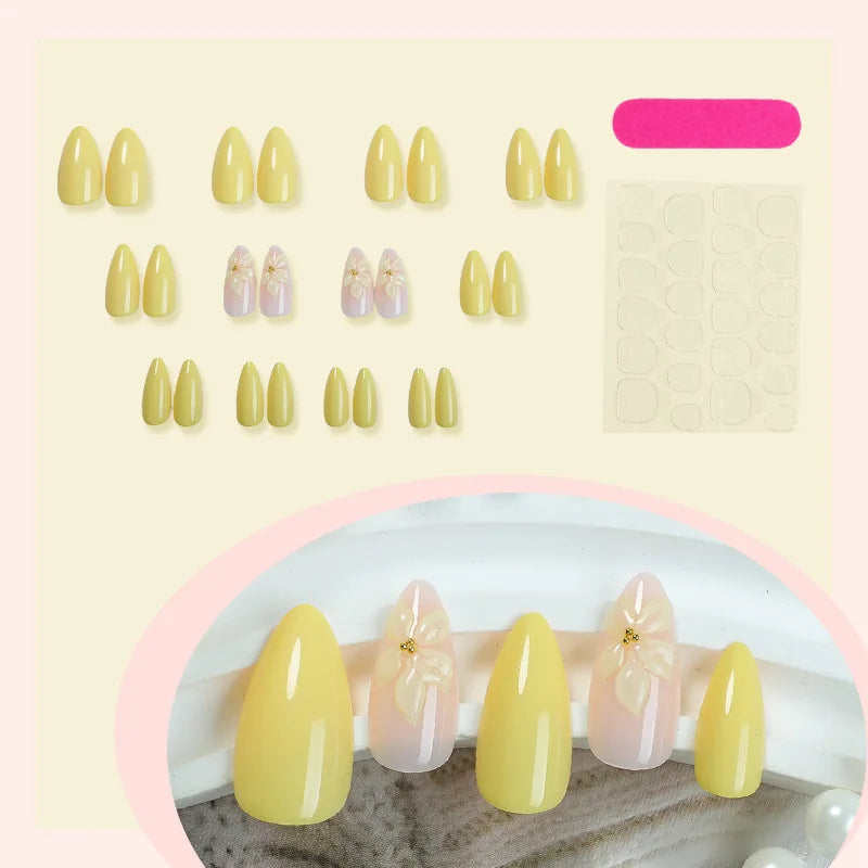 24-piece almond-shaped French yellow press-on false nails with 3D stereo flower design by HSF Marketplace