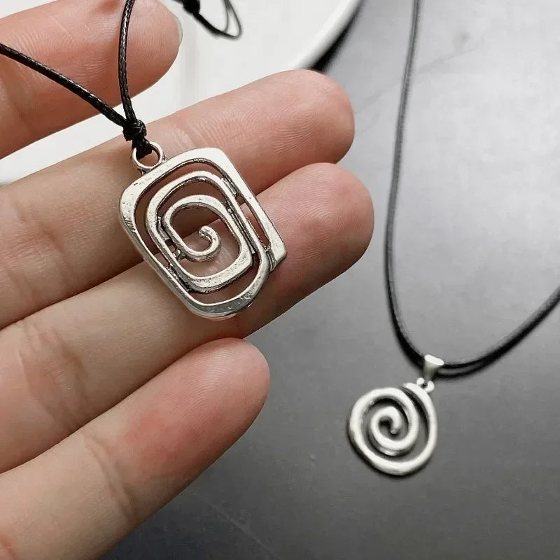 Vintage spiral vortex pendant necklace with hand-woven leather rope, boho goth jewelry for women, Y2K fashion accessory