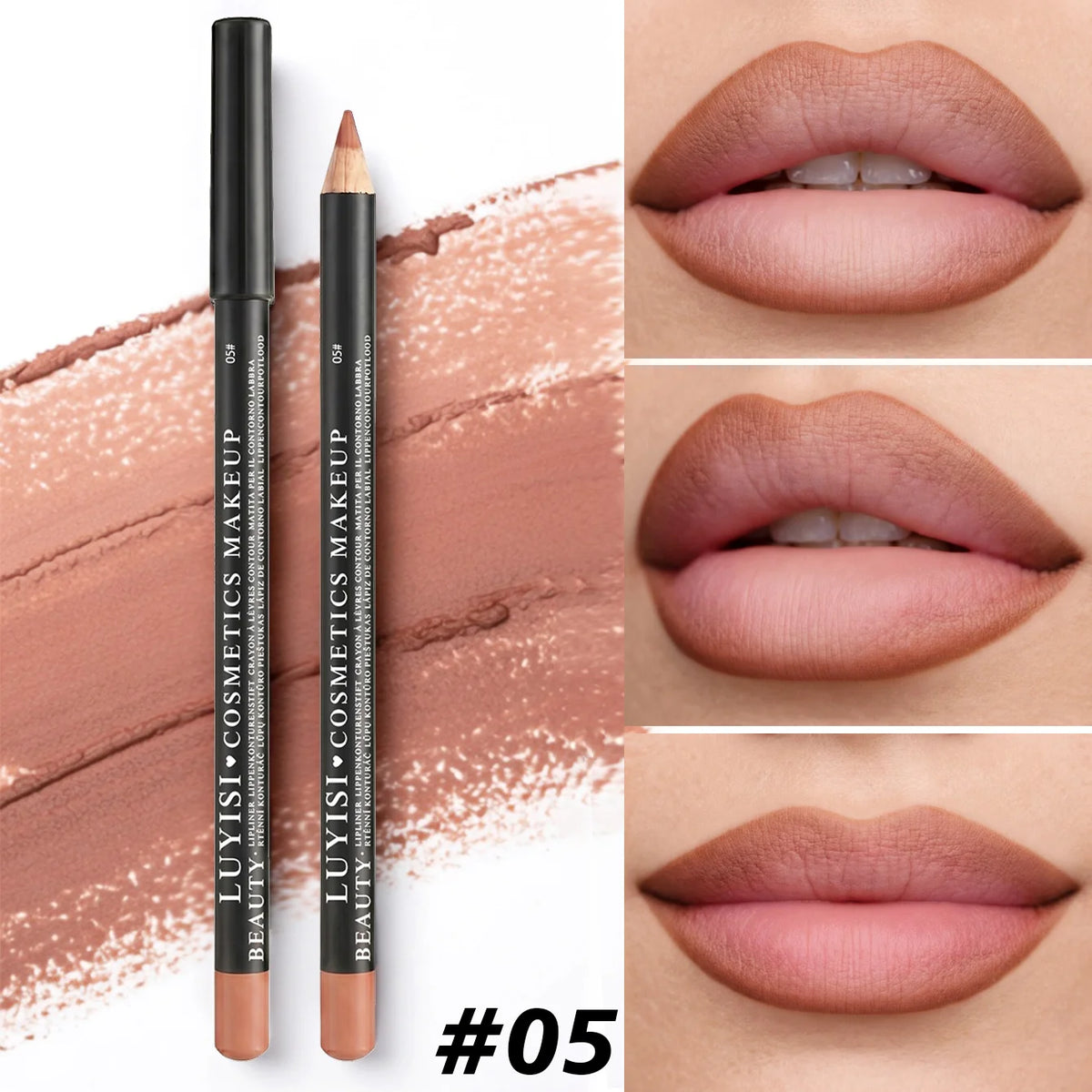 Waterproof lip liner and smudge-proof eyeliner pencil in brown nude shades, with highly pigmented, smooth glide for precise lip and eye definition.