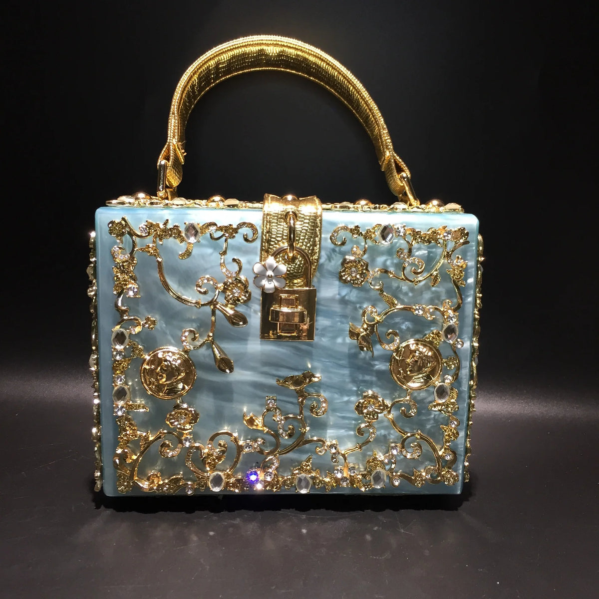 Acrylic dinner bag with engraved metal detailing and diamond accents by HSF Marketplace
