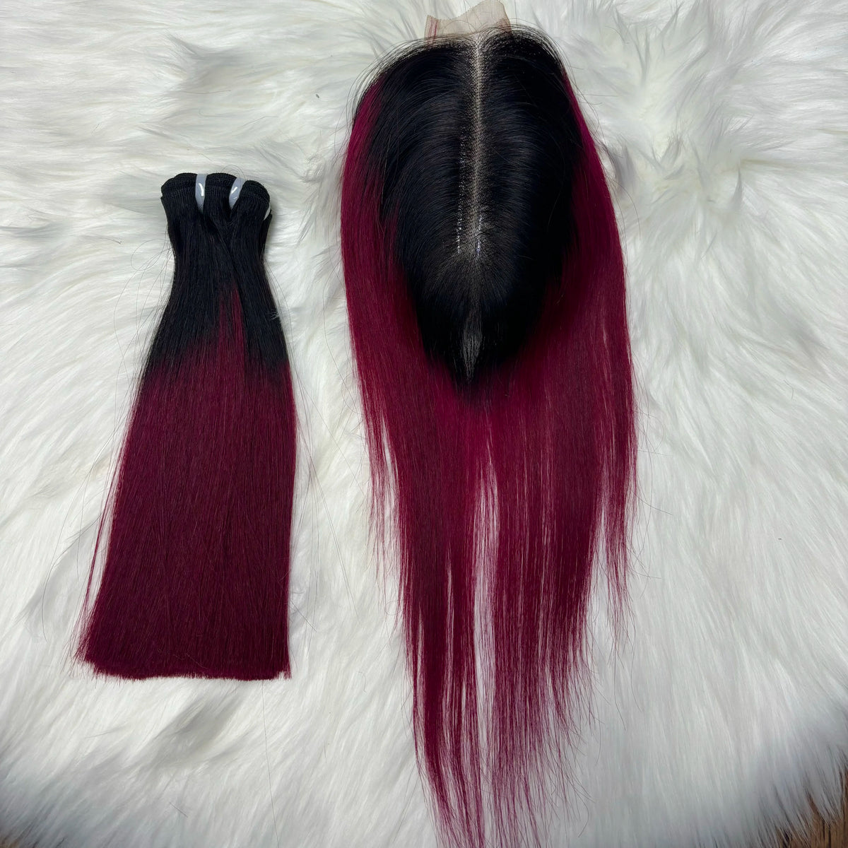Two 6-inch lace closures with 8 and 10-inch colored Vietnamese human hair bundles and closure, double drawn ombre Remy hair extensions.