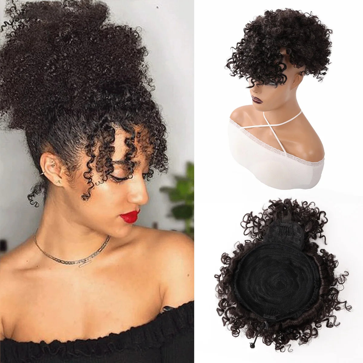 Afro puff drawstring ponytail with bangs, short kinky curly pineapple updo bun for Black women and girls