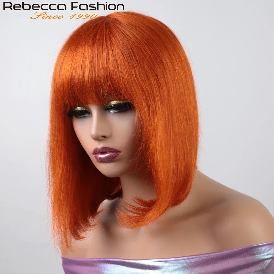 Orange blonde short straight bob wig with bangs, human hair, Brazilian texture, machine-made, styled with a sleek finish.