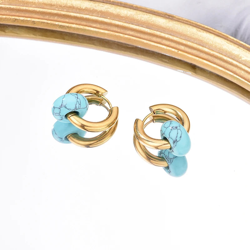 Natural stone turquoise round bead hoop earrings, 3mm thick stainless steel jewelry by HSF Marketplace
