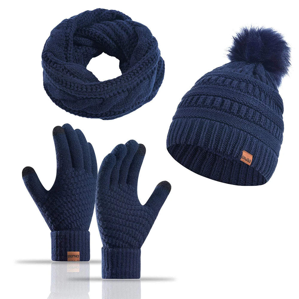 Women's winter hat, scarf, and gloves set with faux fur ball by HSF Marketplace