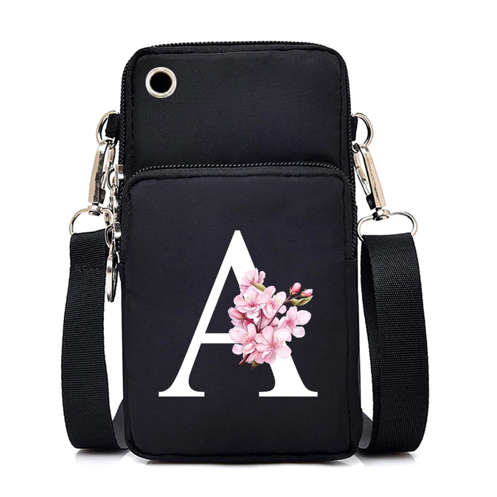 Fashion floral letter crossbody bag for women, HSF Marketplace Sakura alphabet design, small mobile phone and purse messenger bag