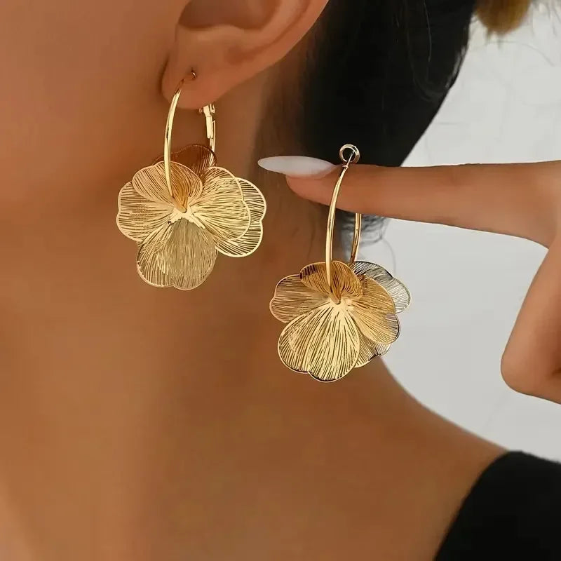Stainless steel golden double-layer hollow flower hoop earrings for women by HSF Marketplace