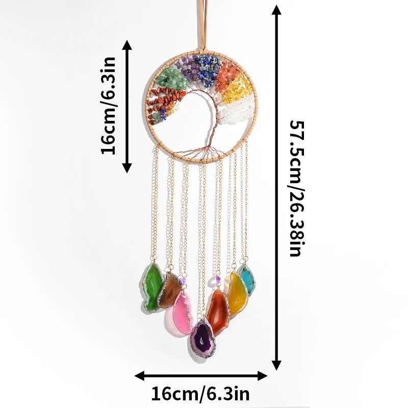 Tree of Life 7 Chakra Stone Dream Catcher Healing Crystal Gift, Room Decoration for Women Hanging Curtains Car