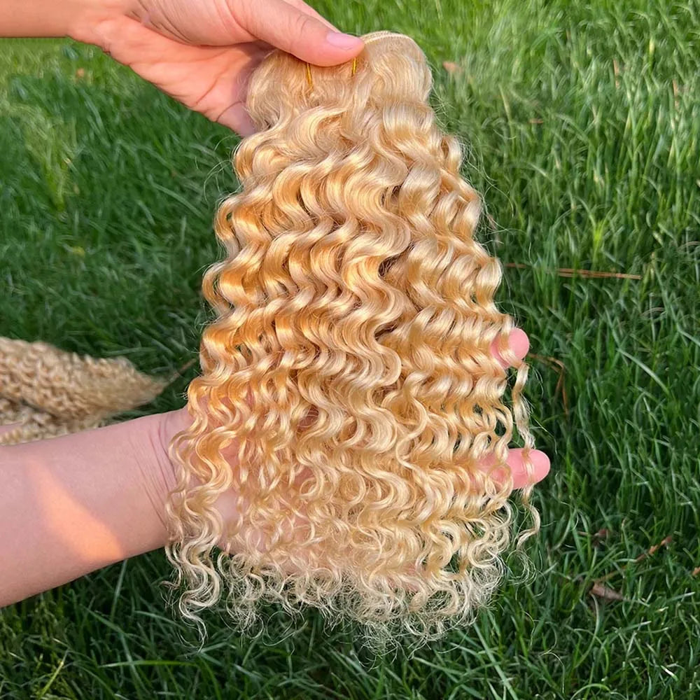 613 Blonde Deep Wave Bundles Human Hair with Closure 4x4 Brazilian Blond 13x4 Lace Frontal with 613 Curly 3 4 Bundles Human Hair