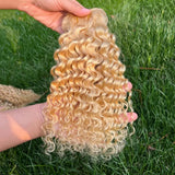 613 Blonde Deep Wave Bundles Human Hair with Closure 4x4 Brazilian Blond 13x4 Lace Frontal with 613 Curly 3 4 Bundles Human Hair