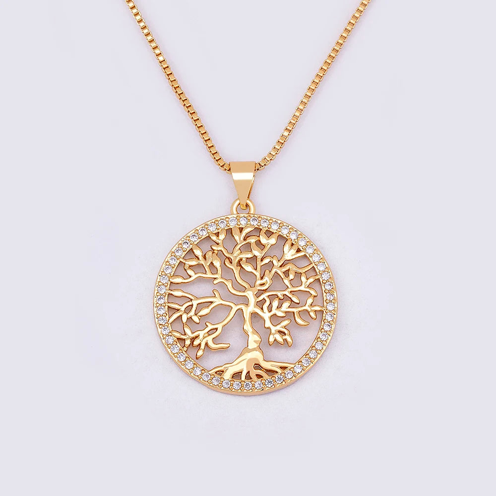 Gold plated Tree of Life necklace with crystal pendant, featuring a zircon chain jewelry design for women.