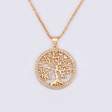 Gold plated Tree of Life necklace with crystal pendant, featuring a zircon chain jewelry design for women.