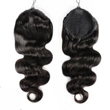 Natural black body wave human hair drawstring ponytail extensions, wrap-around clip-in, 16–26 inches